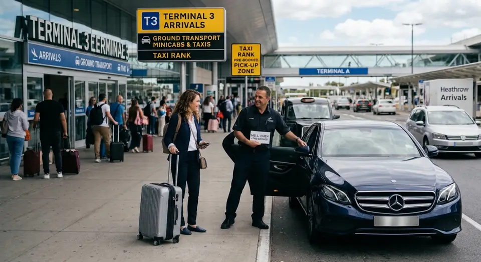 Passenger with suitcase being met by a driver at an airport taxi pick-up