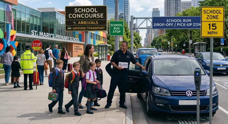 Children being collected by a driver for the school run