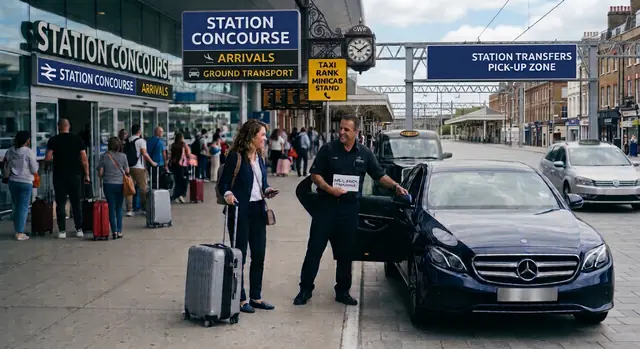 Driver meeting a rail passenger outside a London station
